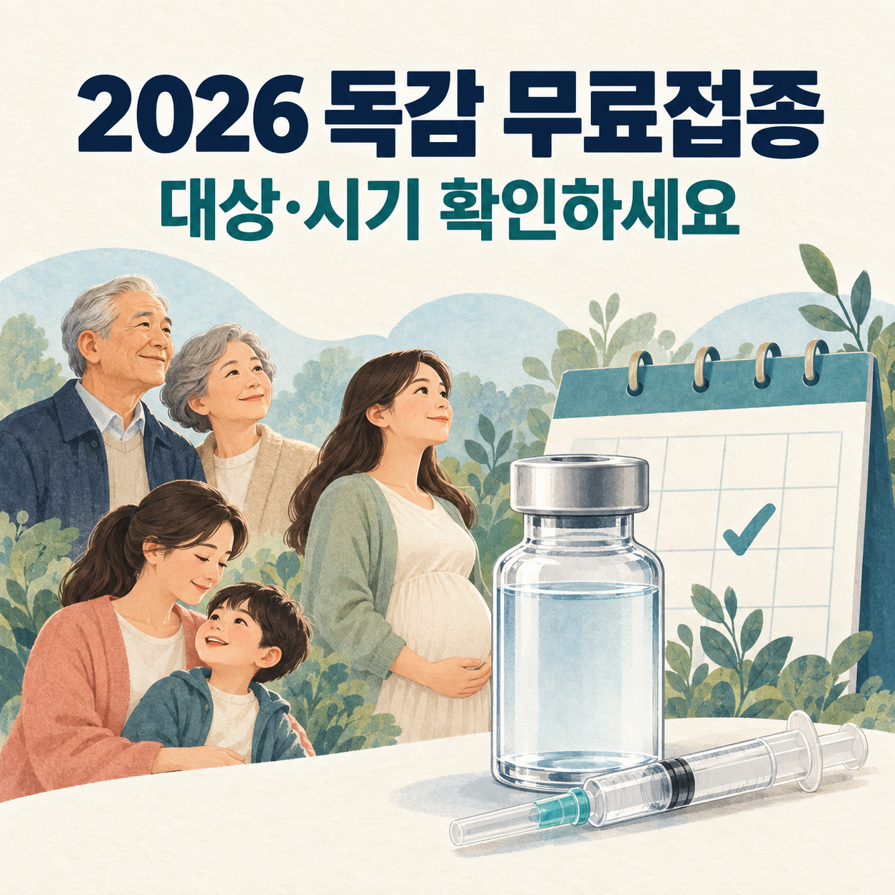 2026 독감 무료접종 대상과 접종 시기를 안내하는 가족, 백신, 달력 일러스트