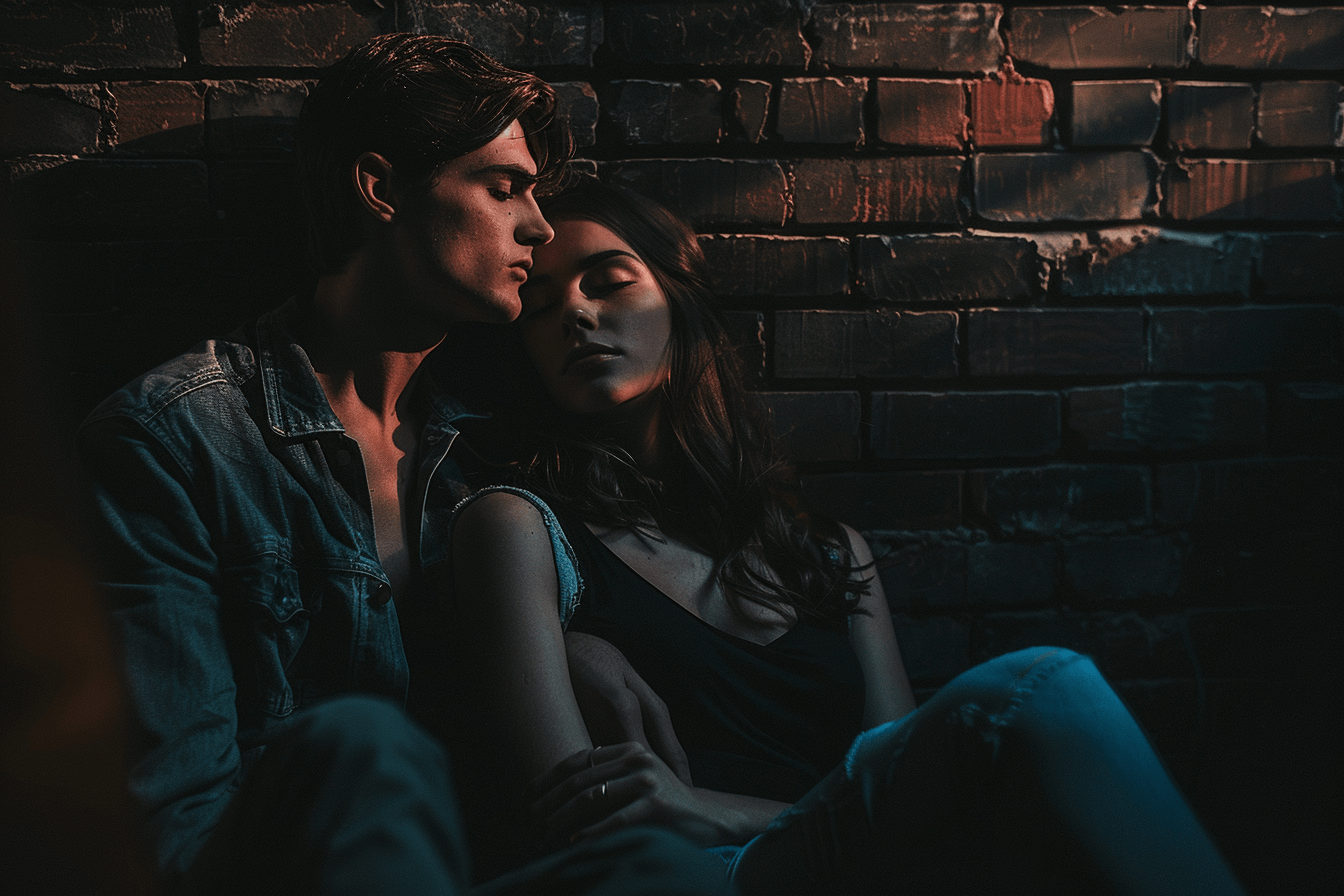벽돌로-둘러쌓인-어두운-공간에-앉아-있는-두-남여
