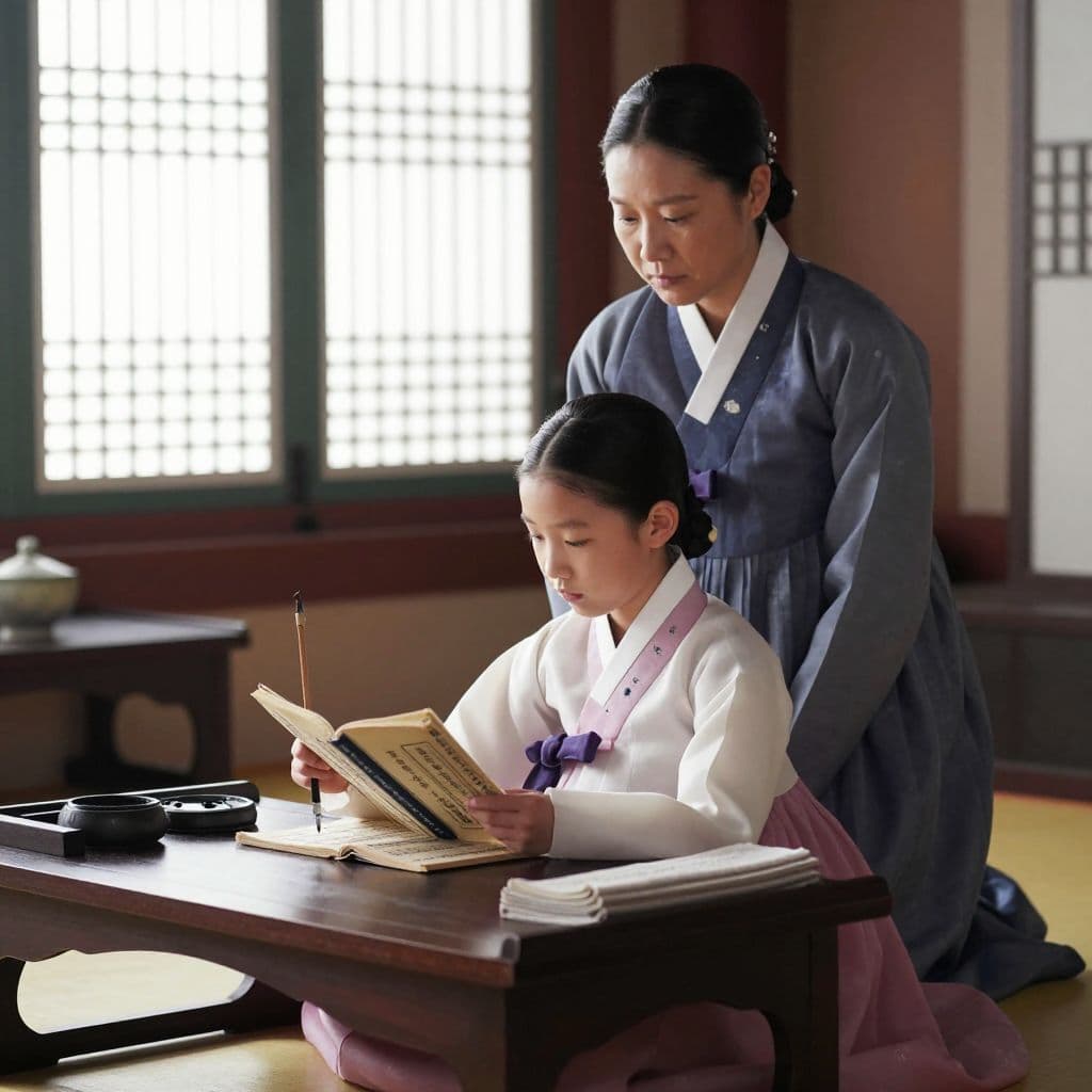 조선 전기 양반가 사랑방에서 어린 인수대비가 책과 붓을 곁에 두고 조용히 글을 읽는 모습, 규범과 절제 속에서 왕실 여성 리더로 성장할 기초를 쌓는 장면