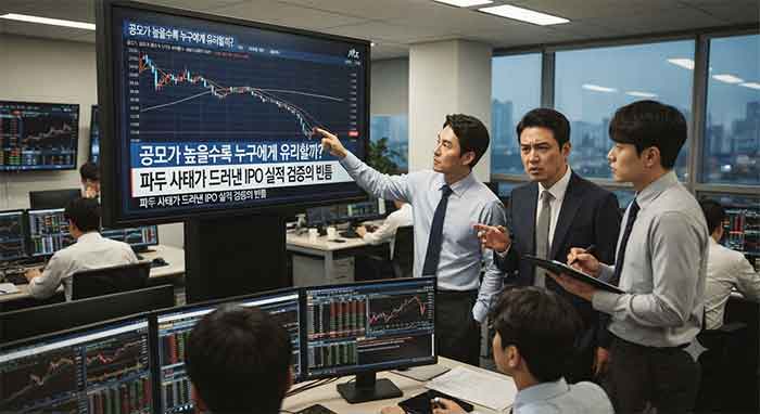 증권사 직원들이 회의실에서 하락하는 주가 그래프와 IPO 실적 검증 관련 뉴스를 분석하는 모습.