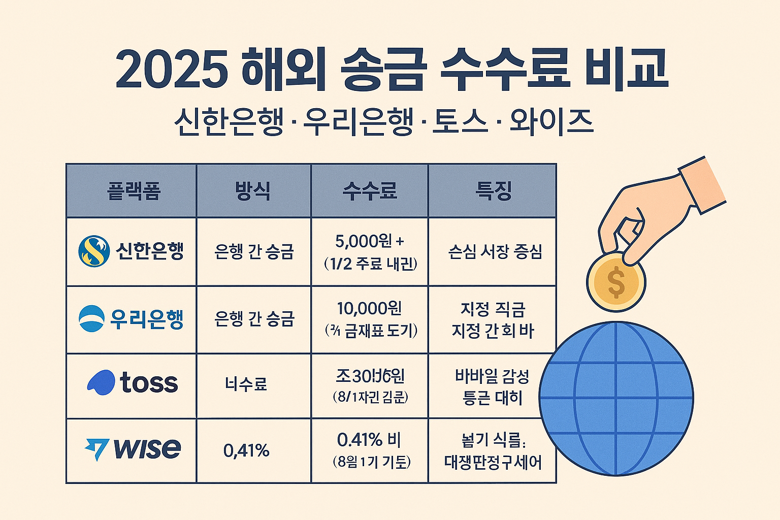 2025 해외 송금 수수료 비교 가이드 – 신한은행·우리은행·토스·와이즈