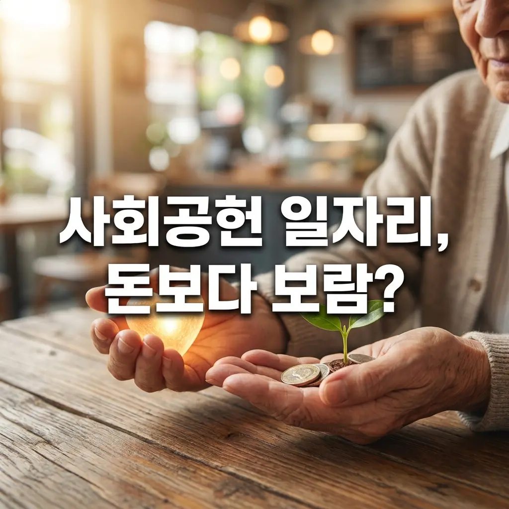 따뜻한 조명이 비치는 실내 테이블에서 한 시니어가 두 손을 조심스럽게 모으고 있는 모습. 한 손에는 환하게 빛나는 하트 모양을, 다른 한 손에는 동전 무더기 위로 피어난 작은 새싹을 들고 있다. 화면 중앙에는 '사회공헌 일자리, 돈보다 보람?'이라는 굵은 텍스트가 강조되어 있어, 은퇴 후 보람 있는 활동을 시작하기 전 현실적인 기준과 비용을 함께 점검해야 함을 상징적으로 보여주는 썸네일 이미지.
