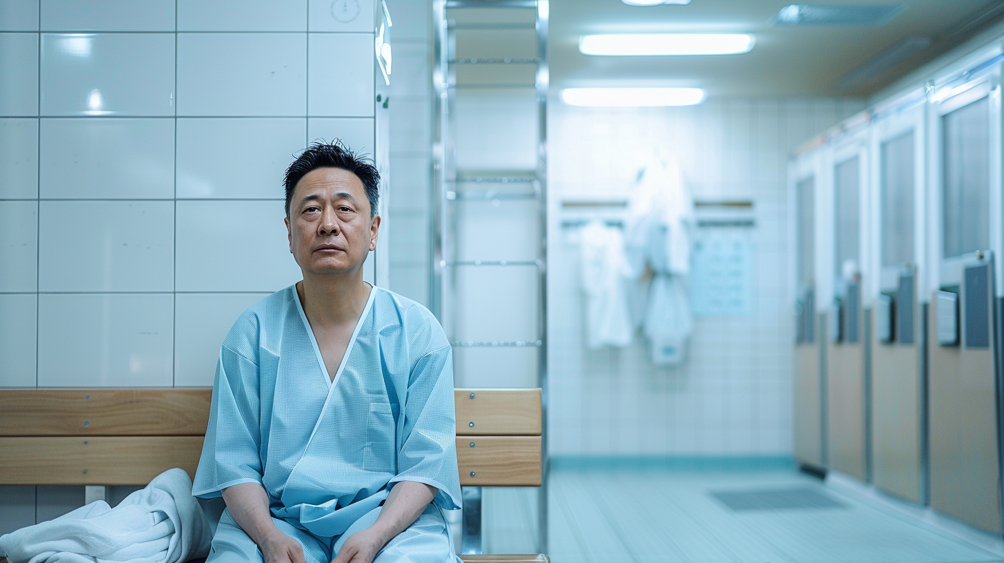 대장내시경 검사 전 탈의실에서 환자복을 입고 순서를 기다리는 중년 남성