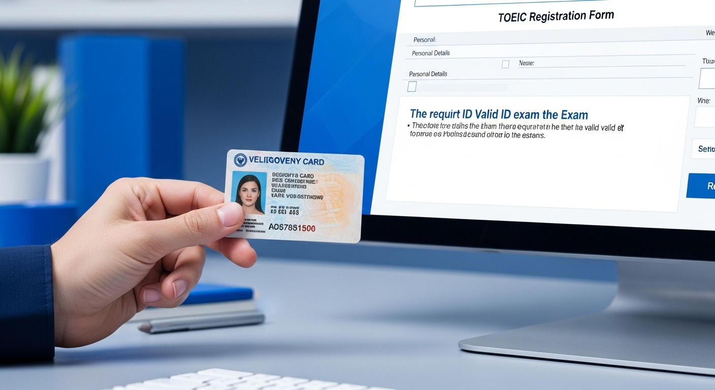 토익 시험 접수 시 필요한 유효한 신분증을 보여주는 손과 컴퓨터 화면의 접수 양식.