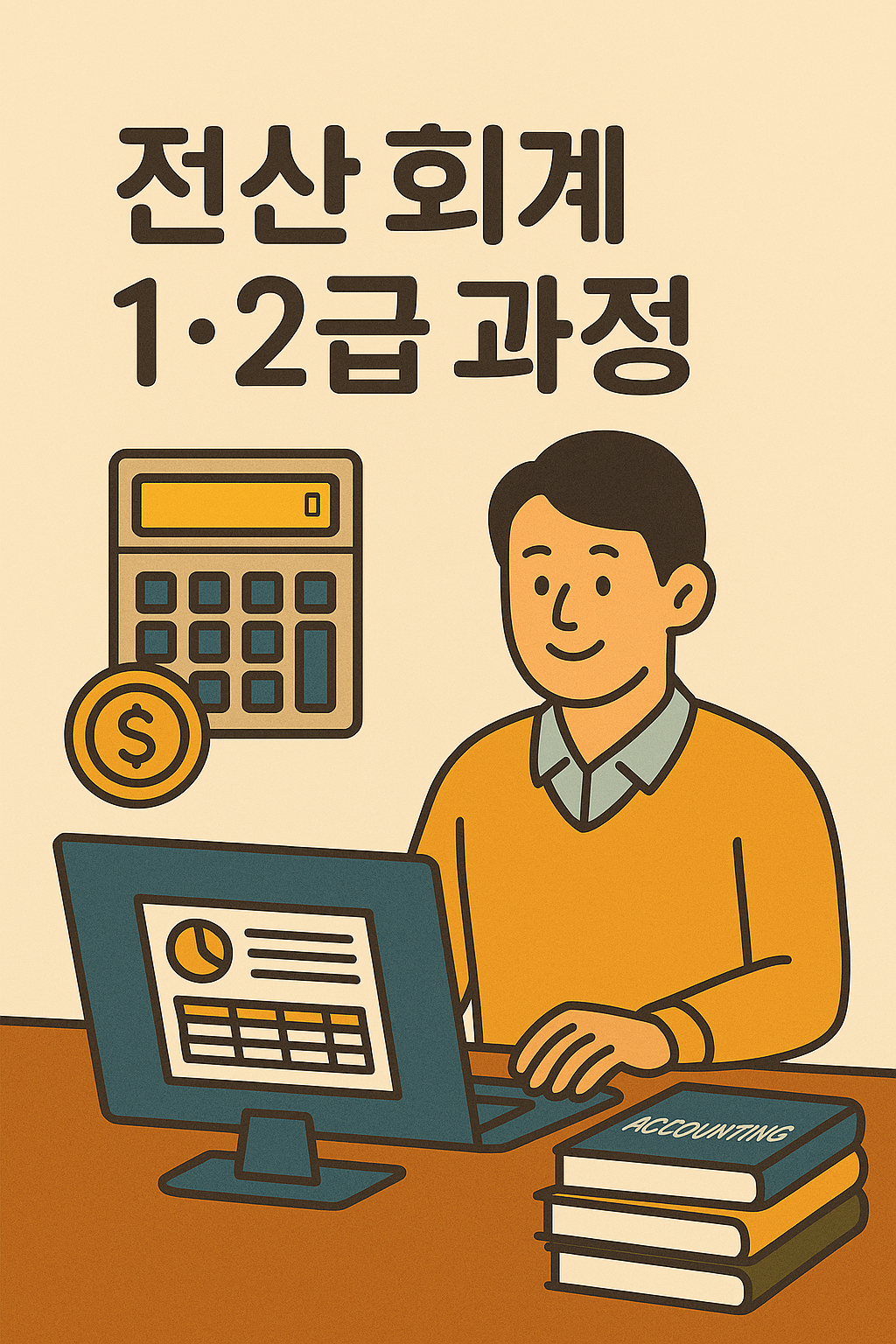 전산회계 1·2급 자격증 취득을 준비하는 남성이 컴퓨터로 회계 프로그램을 학습하고 있는 장면을 담은 일러스트로, 재취업이나 직무능력 향상을 위한 회계 교육 과정을 상징적으로 표현한 이미지입니다.