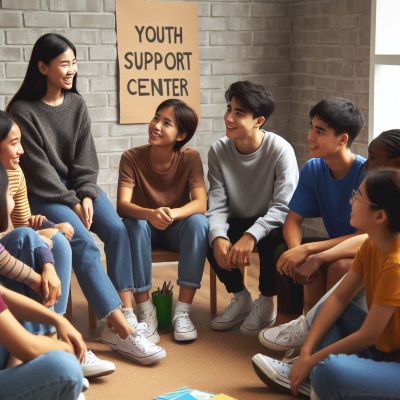 청소년들이 청소년 지원센터에 모여 밝은 표정으로 이야기를 나누고 있다.