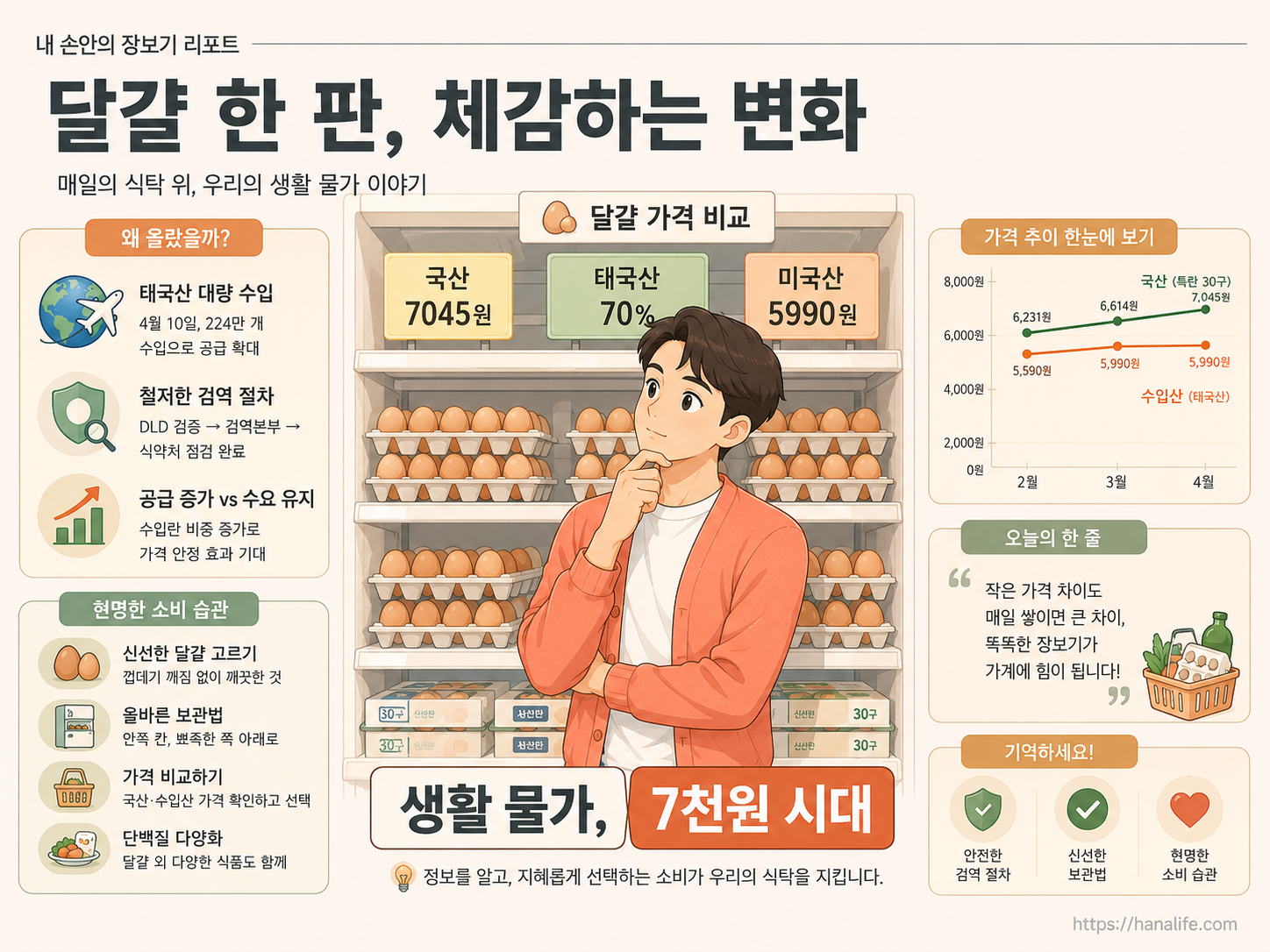 마트 계란 매대 앞에서 가격표를 꼼꼼히 비교해보는 30대 유저의 일상 인포그래픽