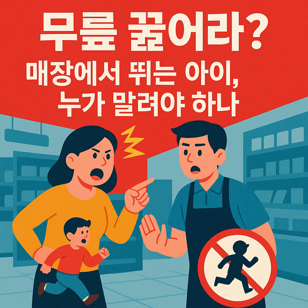 “생활용품 매장에서 직원이 아이의 안전을 위해 말리는 장면과, 화가 난 부모가 항의하는 상황을 상징적으로 표현한 일러스트 썸네일 이미지”