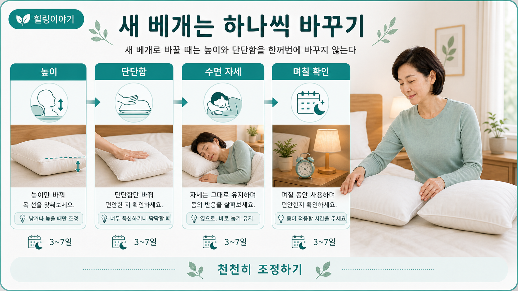 새 베개로 바꿀 때 높이 단단함 수면 자세를 하나씩 확인하는 침실 인포그래픽