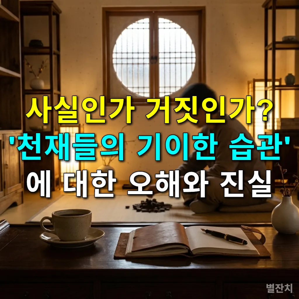 한국식 서재에서 커피콩을 세는 듯한 독특한 루틴을 수행하는 인물의 모습