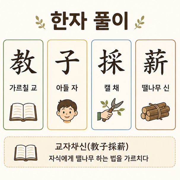 교자채신의 한자인 敎子採薪을 가르칠 교, 아들 자, 캘 채, 땔나무 신으로 나누어 풀이한 이미지