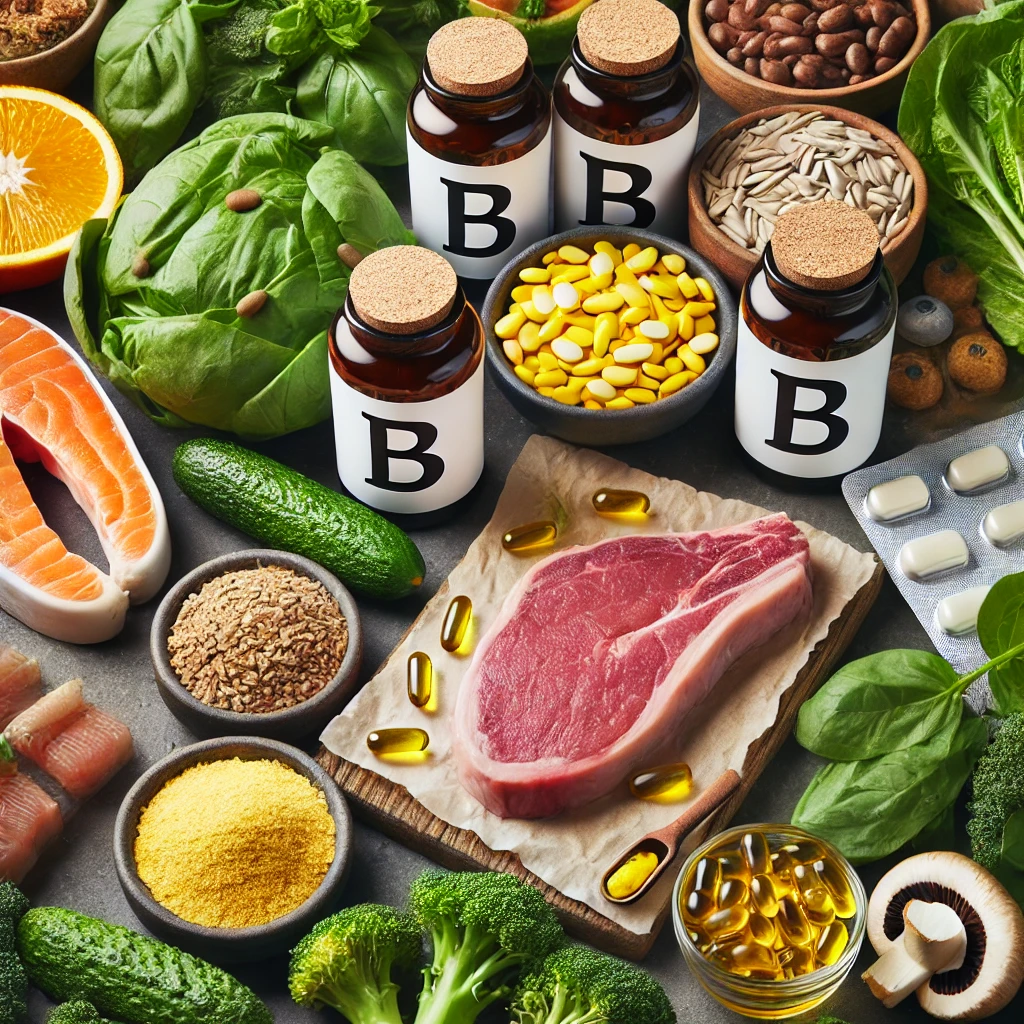 비타민 B군 보충제와 함께 신선한 식재료 이미지