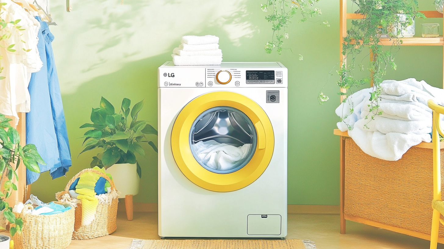 최신 AI DD 모터가 장착된 세련된 LG 세탁기가 깔끔한 세탁물로 둘러싸여 있으며, 모던한 디자인과 세척 효율성을 강조하는 장면입니다.