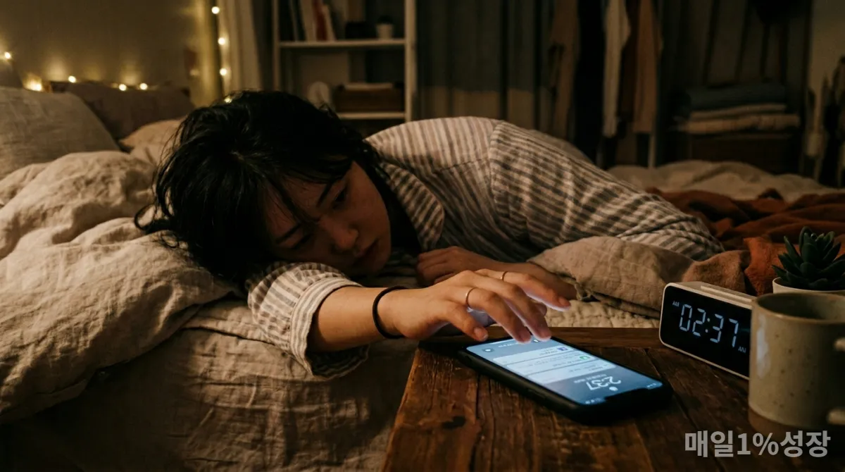 밤늦게 스마트폰을 확인하려는 한국 청년의 손