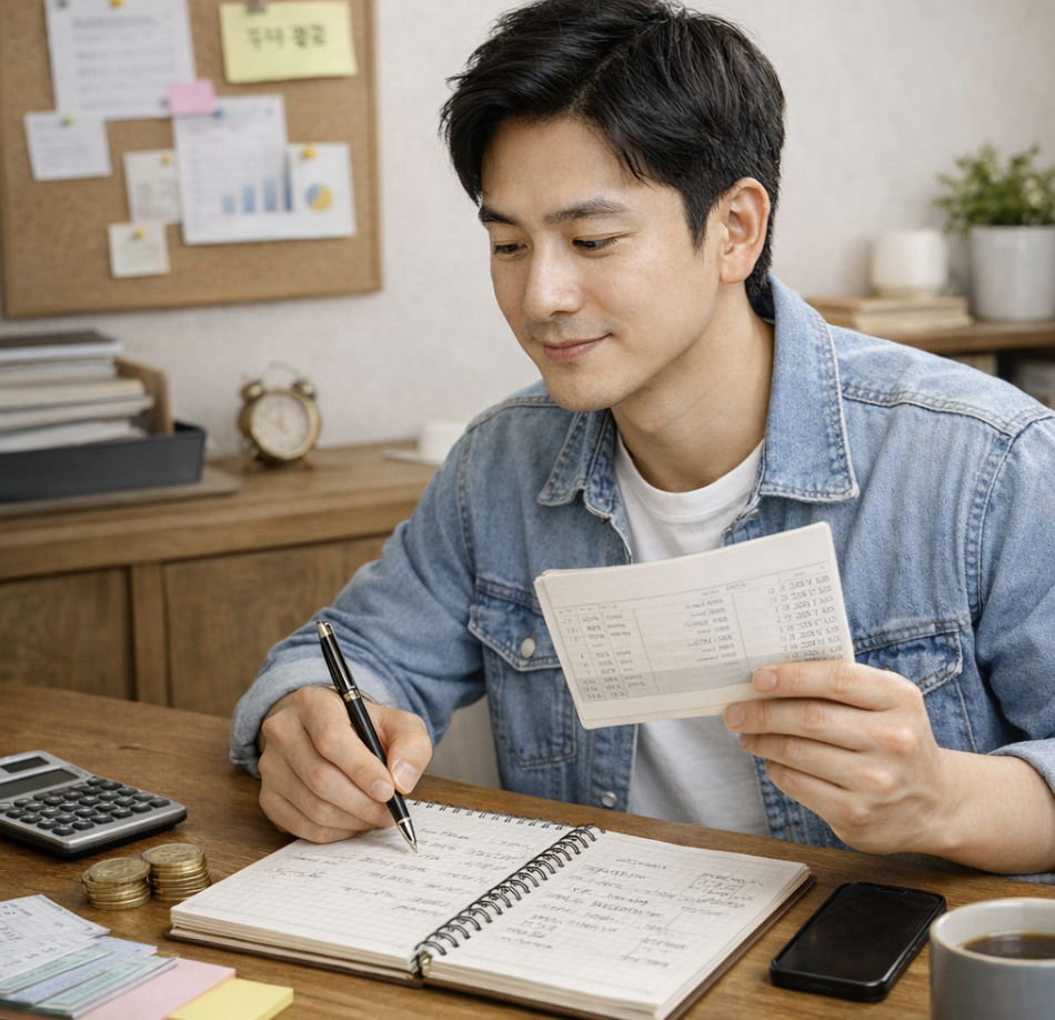 통장을 보며 가계부를 작성하는 이미지