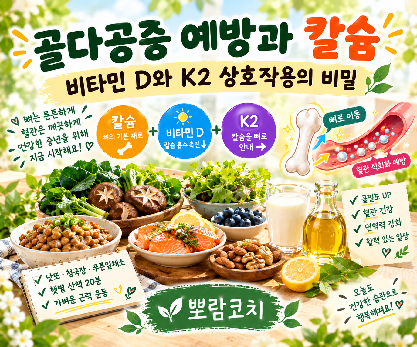 낫또와 푸른잎채소, 구수한 청국장이 어우러진 뼈 건강 한식 식탁