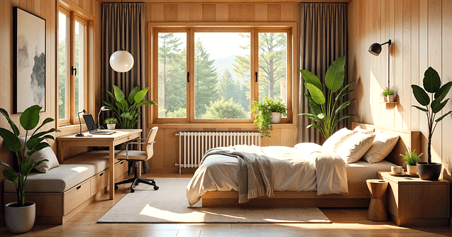 나무로 된 1인 가구 침실이다. 침대와 책상이 있고, 화분들이 곳곳에 있다.