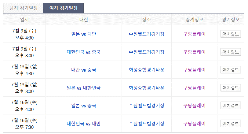 쿠팡플레이 중계 무료보기 동아시아컵 여자