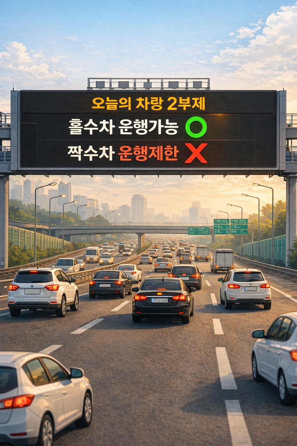 차량2부제를 안내하는 도로 전광판과 차량흐름이미지 만들어줘