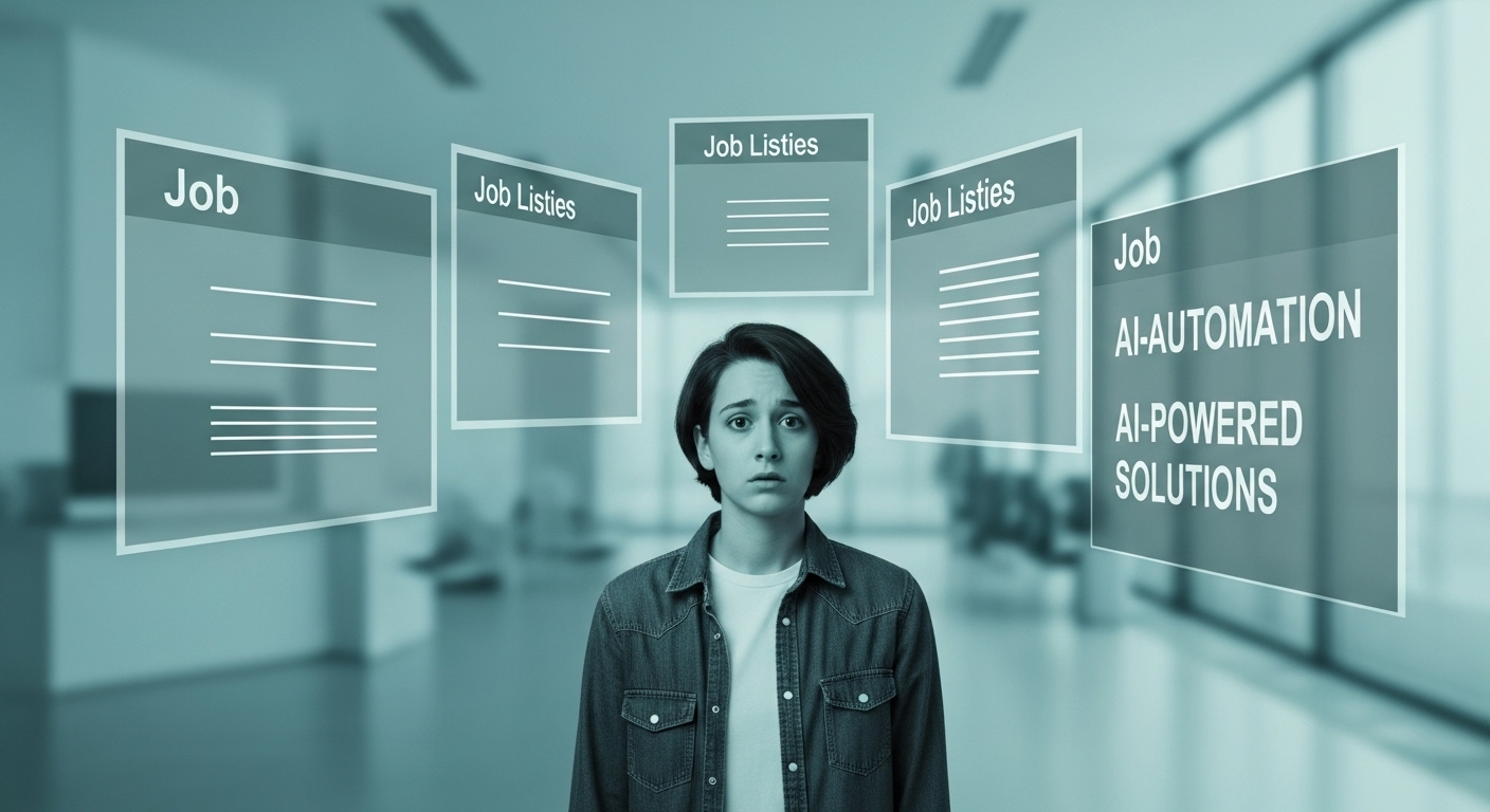 AI 자동화로 인해 줄어든 일자리를 보며 고민하는 젊은 구직자의 모습.