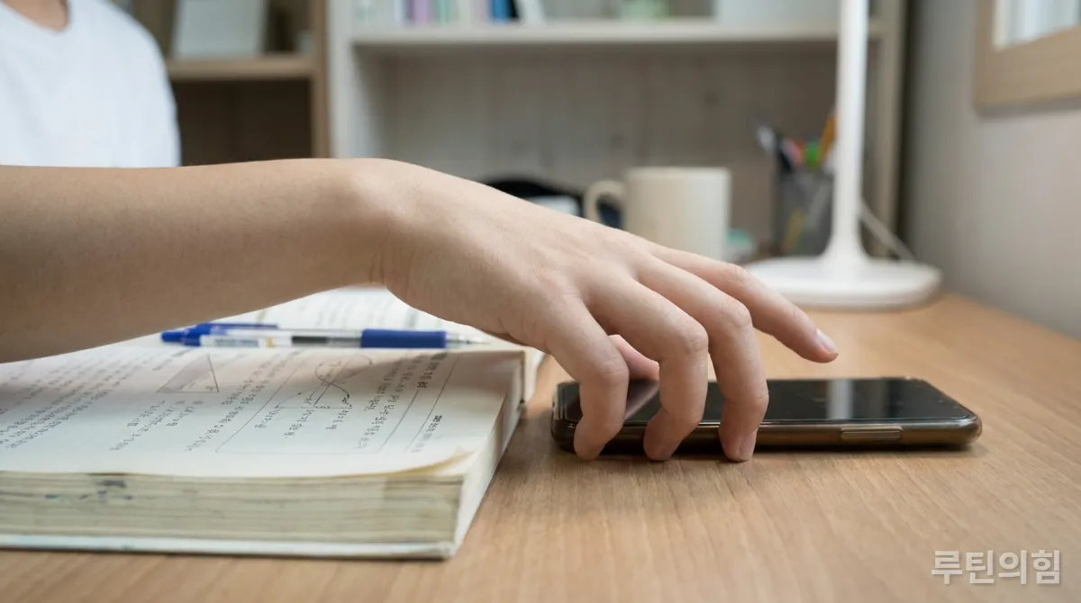 공부 중 스마트폰에 손을 뻗는 학생의 모습