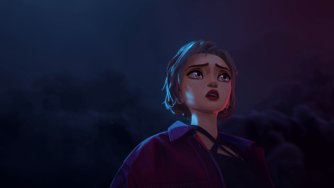 승희가 아스타로트를 두려운 눈빛으로 쳐다보고 있는 모습