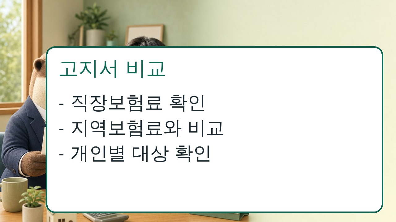 퇴직 후 이전 직장보험료와 지역보험료 고지서를 비교하는 장면