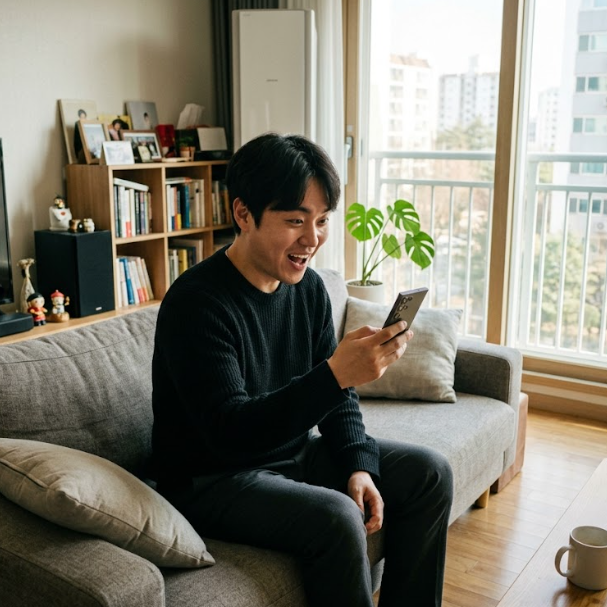 스마트폰으로 건강보험 환급금 알림을 확인하고 놀라는 한국인 남성