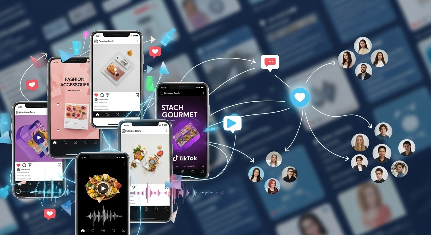 인스타그램 릴스, 틱톡 영상 등 소셜 미디어 플랫폼을 통해 제품을 마케팅하는 역동적인 모습.