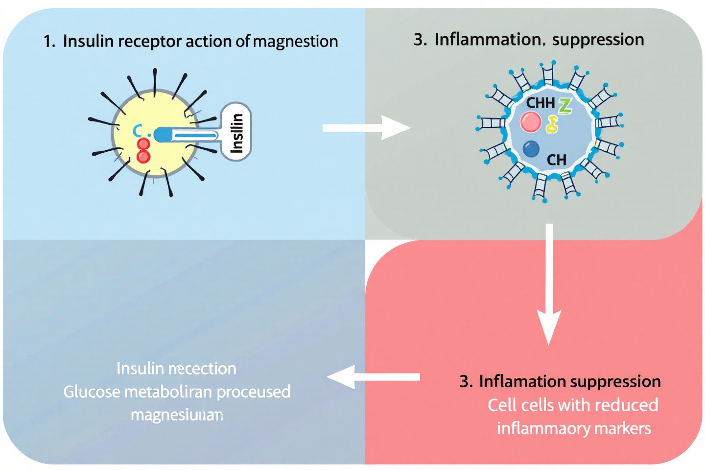 &quot;마그네슘이 혈당 조절에 기여하는 생리적 역할을 도식화한 그림: 인슐린 수용체 작용, 포도당 대사, 염증 억제 등&quot;