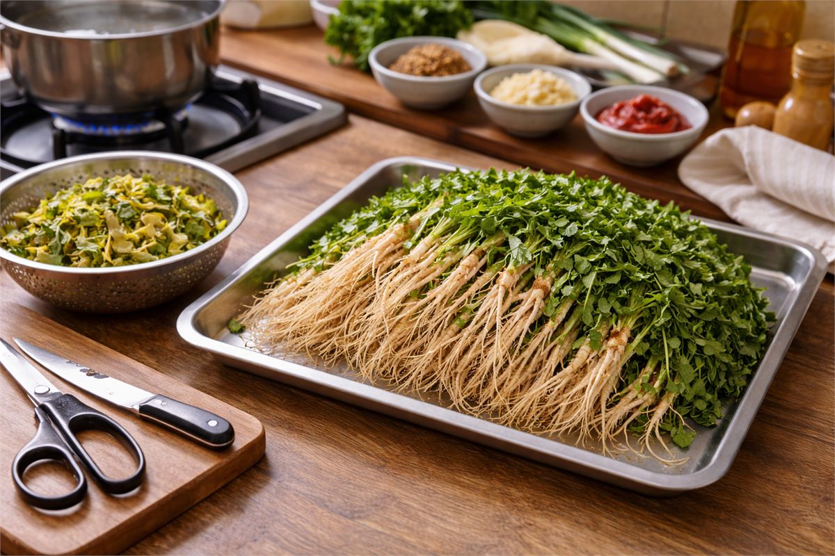 누런 잎을 떼고 데치기 전 냉이를 정리해 둔 장면 