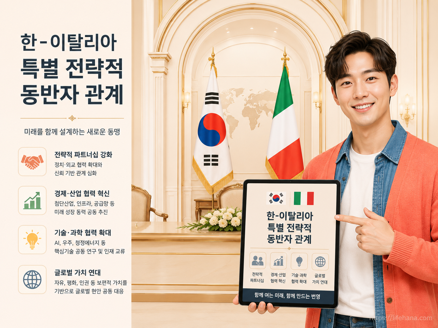 대한민국 태극기와 이탈리아 국기가 나란히 배치된 브뤼셀 회담장 전경과 첨단기술 동맹을 상징하는 따뜻한 코랄 톤의 인포그래픽