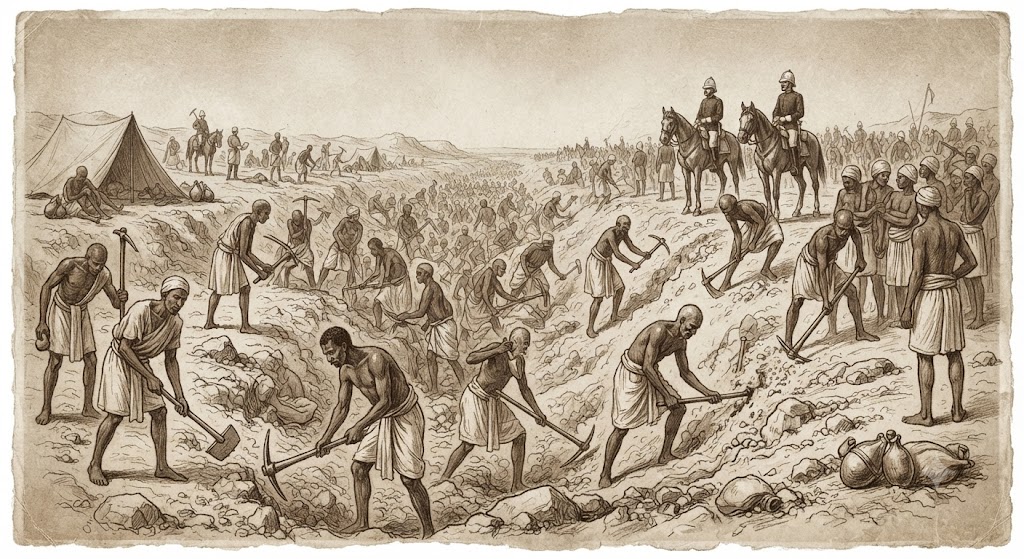 1859년 착공 당시의 열악한 현장을 흑백 사진 톤의 일러스트로 표현했습니다. 수십만 명의 이집트 노동자들이 작열하는 태양 아래서 강제로 동원되어 삽과 곡괭이로 맨땅을 파내고 있습니다. 뒤쪽으로는 낙타를 탄 감독관들이 보이며, 강제 노동의 고단함과 역사의 그늘을 강조합니다. 거친 질감이 살아있는 그림체입니다.