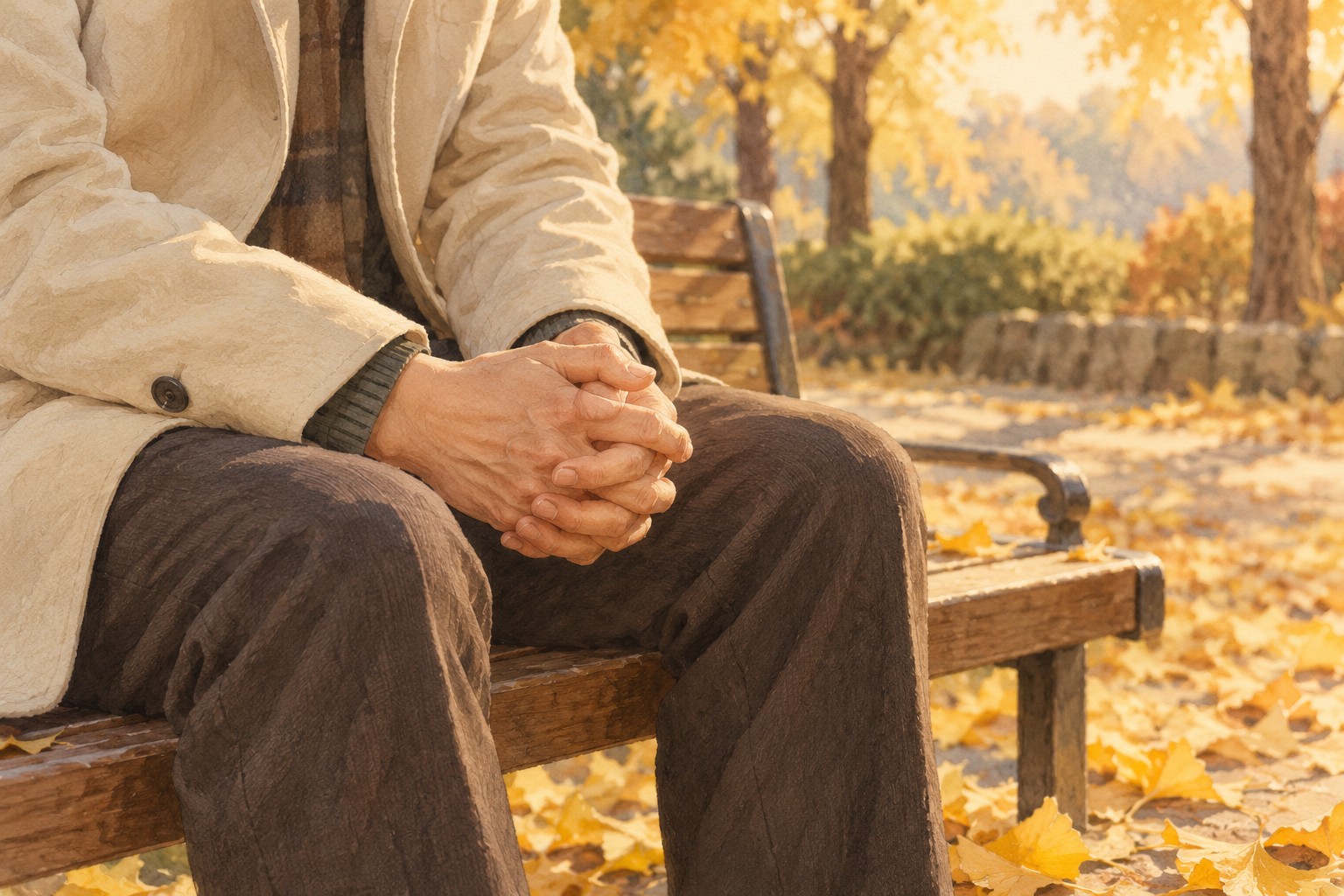 수능 대표기도문 — 가을 공원 벤치에서 두 손을 모은 보호자