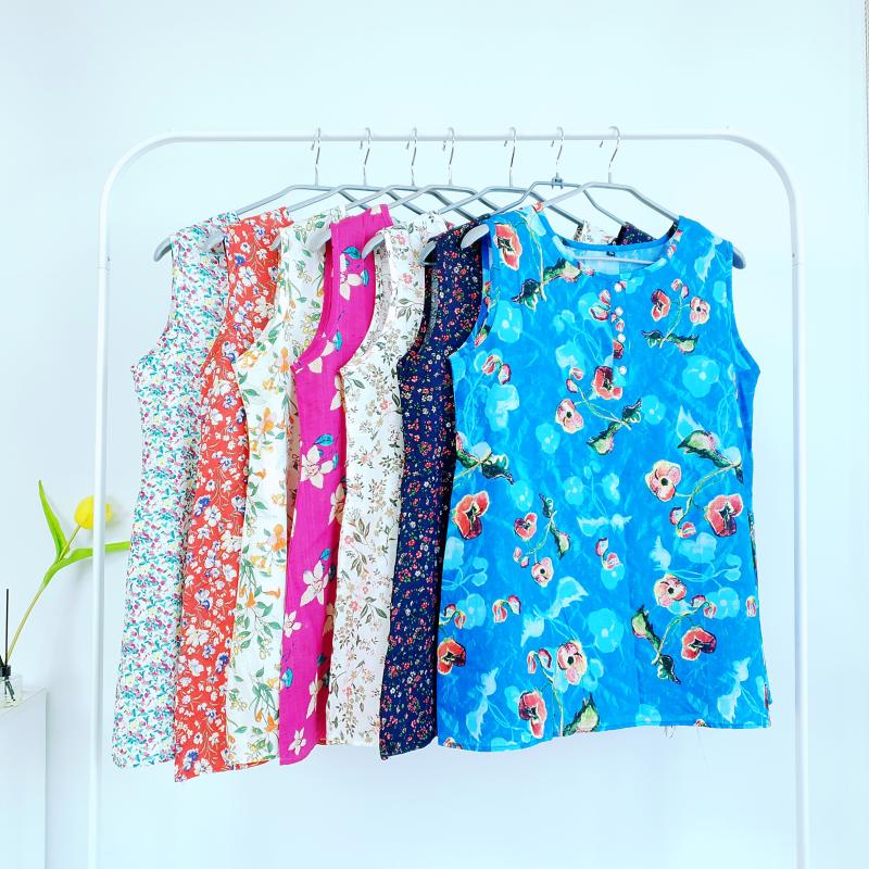 엄마옷 여름 꽃무늬 면 나시 얇은 아사면 여성 민소매 티셔츠 데일리 라운드 티