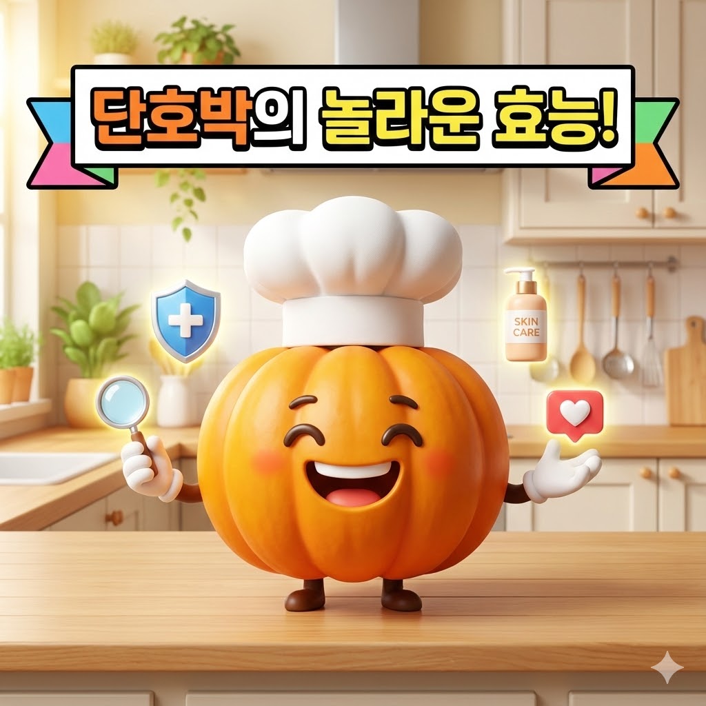 활기찬 주방에서 요리사 모자를 쓴 단호박 캐릭터가 눈 건강, 면역력, 피부 미용을 상징하는 귀여운 소품들과 함께 단호박의 놀라운 효능을 소개하는 그림.