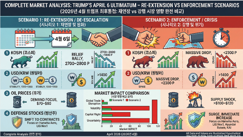 트럼프 최후통첩 4월 6일 재연장 vs 강행 코스피 원달러 유가 방산주 시나리오 시장 영향 비교 2026년 4월 완전 분석