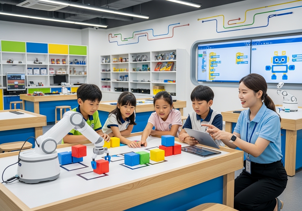 collaborative robot interacts with excited Korean children during a coding class