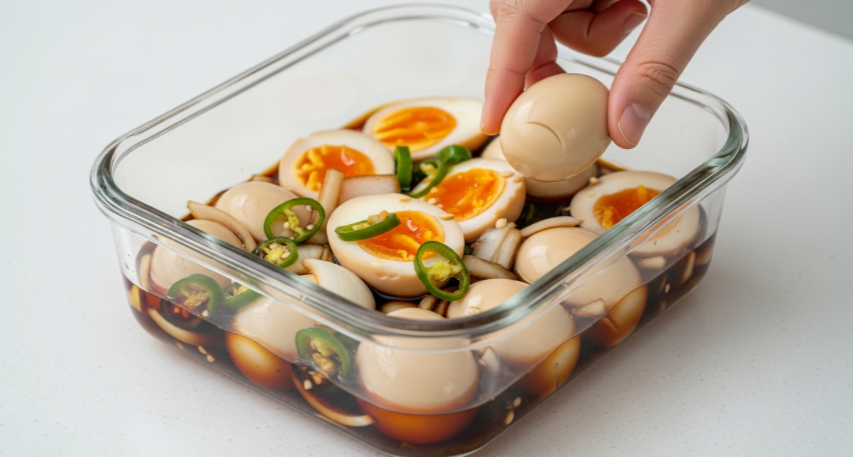 밀폐 용기에 반숙 계란과 양념장을 넣고 재우는 모습