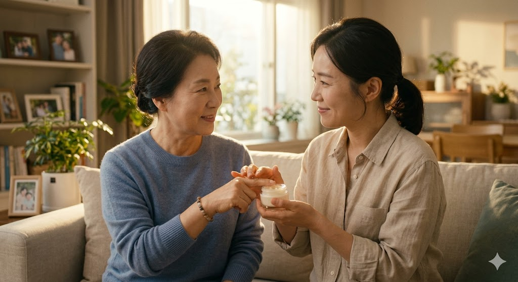 따뜻한 햇살이 비치는 거실에서 자녀가 60대 여성 환자의 손을 부드럽게 잡고 화장품의 제형을 보여주며 눈을 맞추고 웃는 모습.