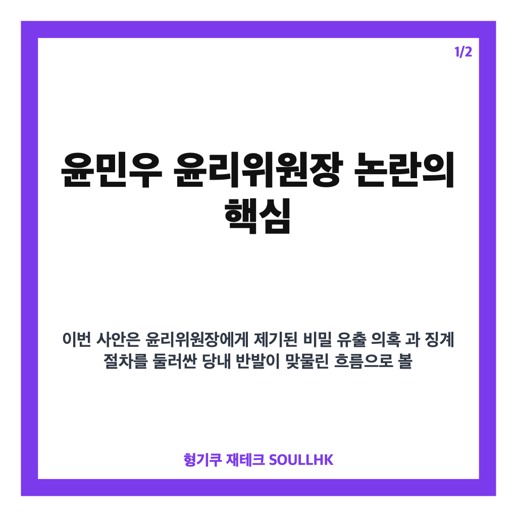 윤민우 윤리위원장 논란, 조경태 사퇴 촉구와 한동훈 제명 철회 요구 정리 카드뉴스 1