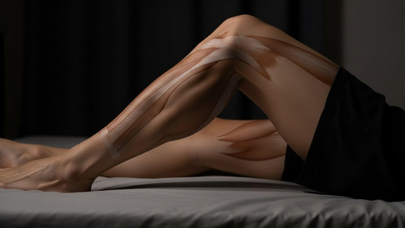 Tight calf muscle during sleep representing night leg cramps and muscle spasms