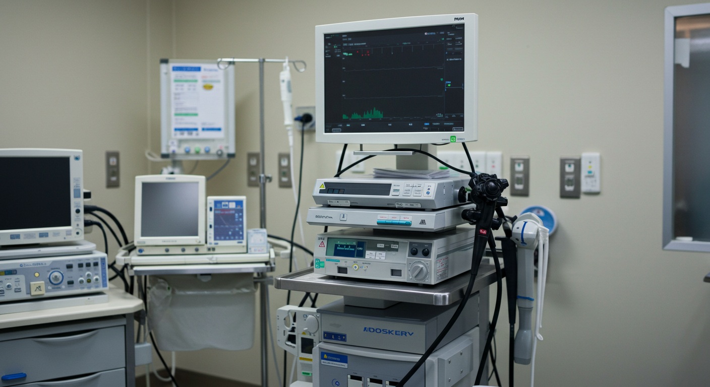 대장내시경 검사를 준비하는 의료 환경, 현대적 내시경 장비, 전문적인 병원 분위기