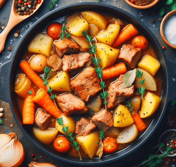 둥그런 팬에 감자탕이 있다. 감자들, 돼지고기들, 당근이 가득하다.