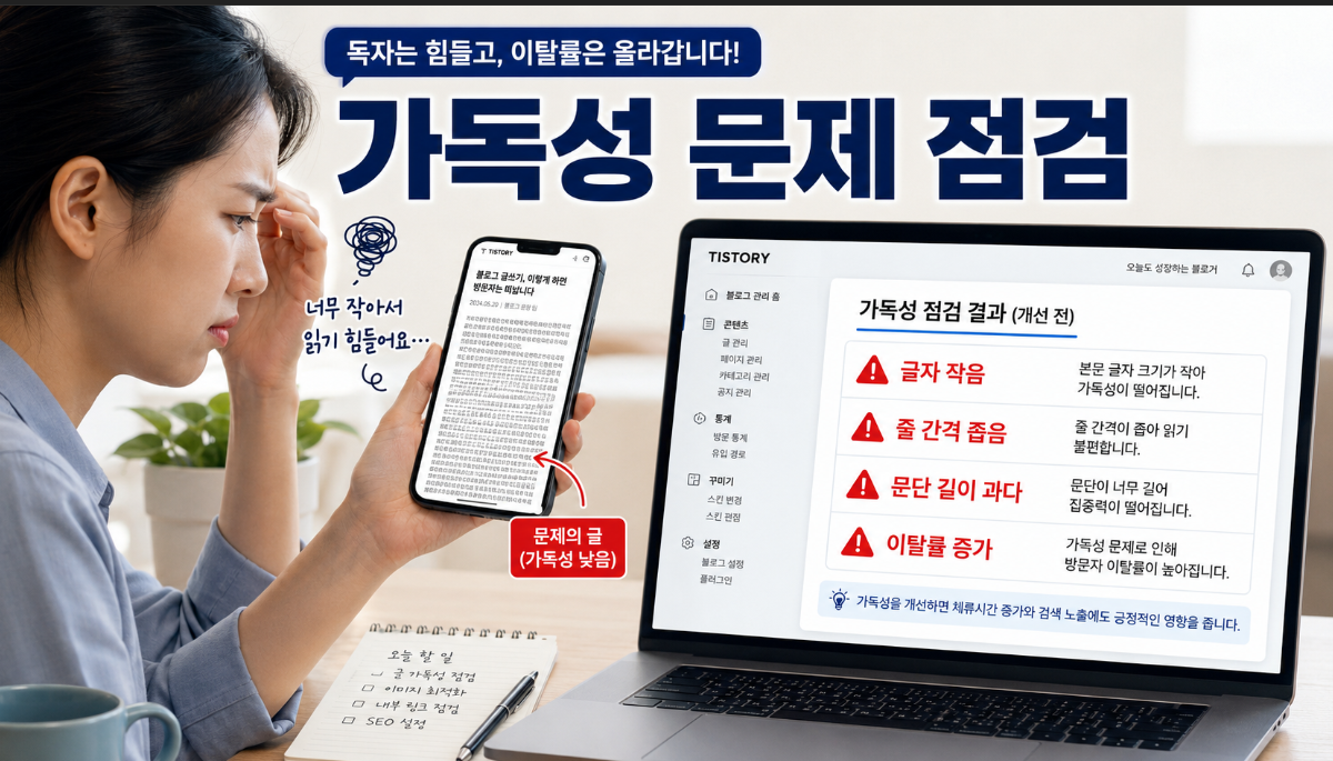 티스토리 블로그에서 작은 글씨와 좁은 줄 간격으로 가독성이 떨어지는 문제 상황 이미지