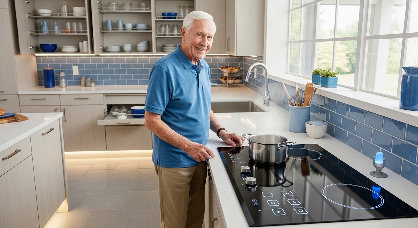 2025년 스마트 주방에서 음성 인식으로 인덕션을 조작하는 노년 남성. 편리하고 안전한 스마트 가전 사용 모습.