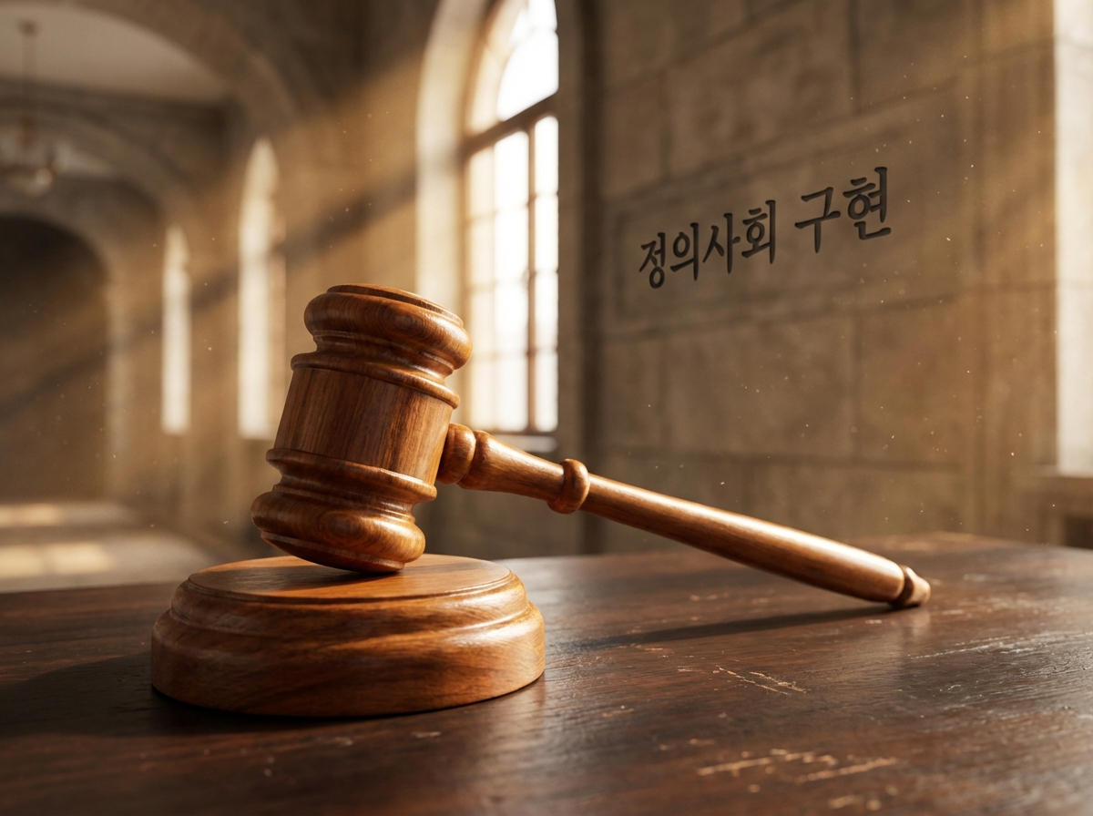 A wooden judge's gavel resting on a sound block with warm light streaming in, symbolizing social justice and a fair trial.
