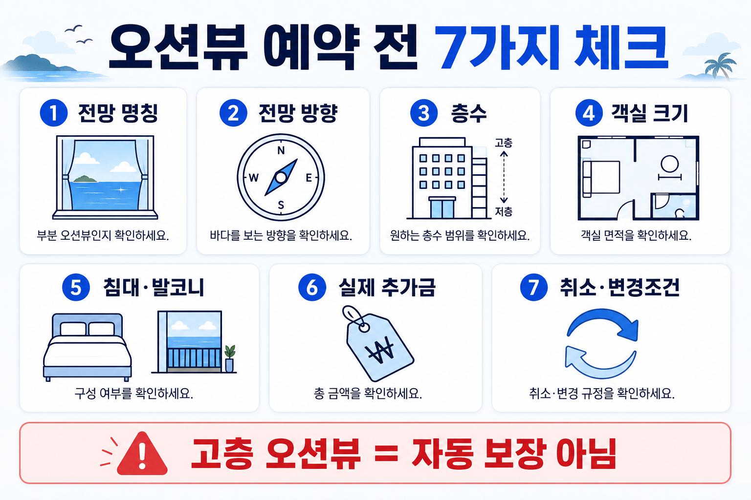 호텔 오션뷰 예약 전 부분오션뷰 방향 층수 객실유형 발코니 취소조건 추가금 체크리스트 이미지