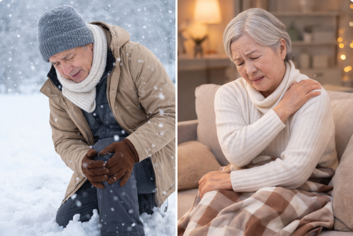 눈 내리는 야외에서 무릎 통증을 느끼는 노년 남성과 실내에서 어깨 통증을 호소하는 노년 여성