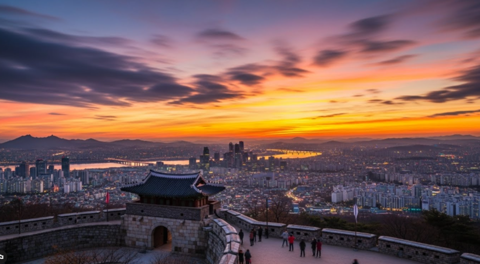 남한산성 서문(우익문) 부근에서 바라보는 서울 시내 전경과 함께 솟아오르는 해